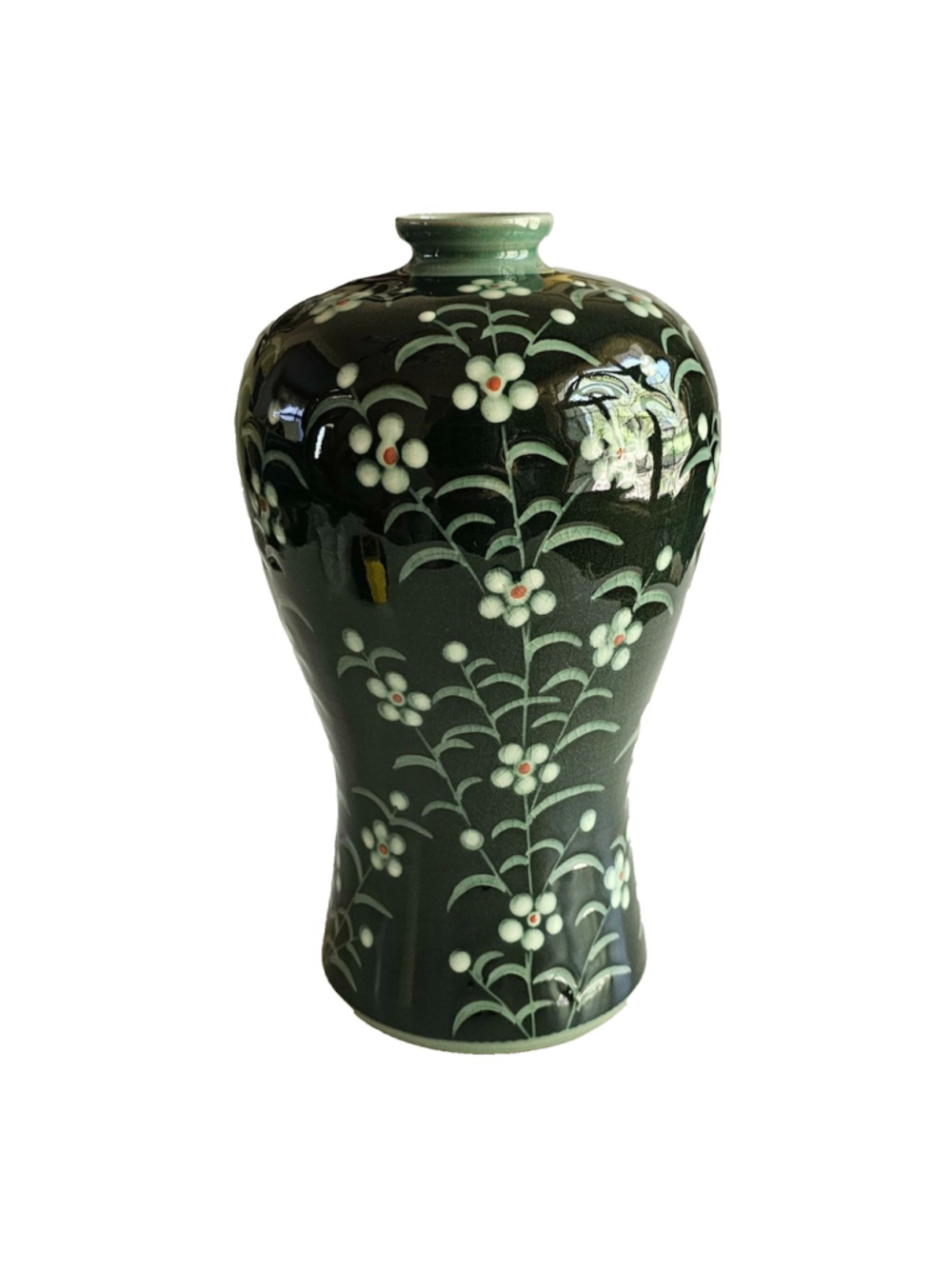 Stunning Vintage Korean Inlaid Celadon Maebyeong Plum Vase Signed Cheongcheo 9"